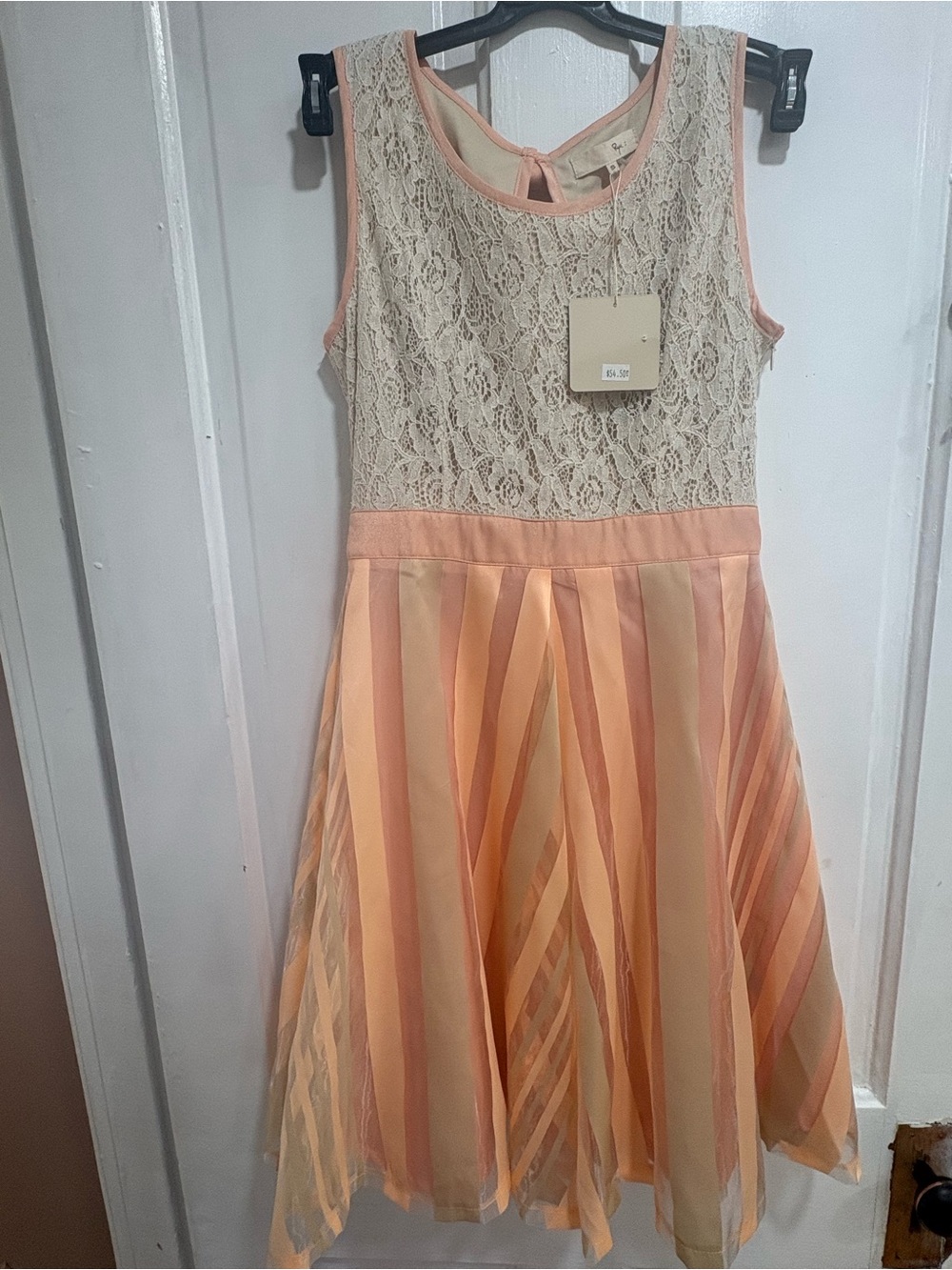 Ryu Peach Lace Bodice Striped Skirt Dress